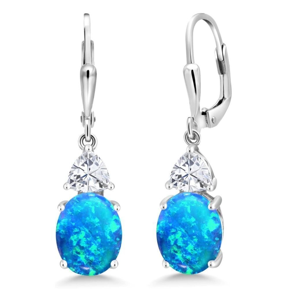 925 Sterling Silver with 2.64 Cttw Blue Opal and White Moissanite Drop Earrings